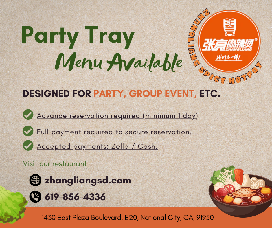 Zhangliang Spicy Hotpot party tray menu with reservation rules and contact info.